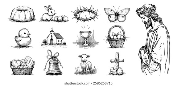 jesus christ, lamb, church and easter symbols set vector doodle black sketch illustration