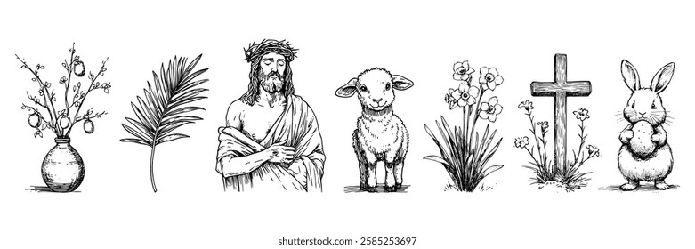 jesus christ, lamb, cross and easter symbols set vector doodle black sketch illustration