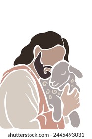 Jesus Christ and the Lamb.Easter Christian Poster.Bible verses.Printable Canvas Vector Banner Minimal Wall Art Background.Gospel Drawing Painting.Good Shepherd.Holding sheep.God.Lord.Church.