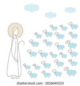 Jesus Christ and lambs, sheeps on white vector illustration