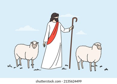 Jesus Christ and lambs walk in field. Biblical story of Jesus as shepherd. Concept of religion and faith. Religious scene, superstition and belief. Flat vector illustration, cartoon character. 