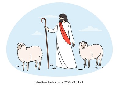 Jesus Christ and lambs walk in field. Biblical story of Jesus as shepherd. Concept of religion and faith. Religious scene, superstition and belief. Flat vector illustration, cartoon character.