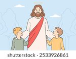 Jesus christ leads children along, telling them about importance christian religion and catholicism or orthodoxy. Jesus christ and kids stand on street during second coming and fulfillment of prophecy