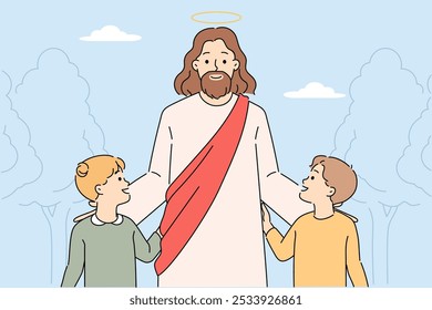 Jesus christ leads children along, telling them about importance christian religion and catholicism or orthodoxy. Jesus christ and kids stand on street during second coming and fulfillment of prophecy