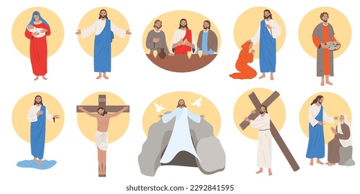 Jesus christ life flat set isolated on white background vector illustration