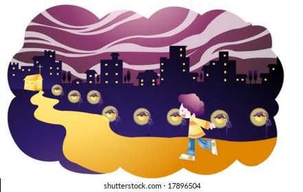 Jesus Christ and Little Christian - walking on the yellow way with a cute young child on purple background of wave patterns : vector illustration