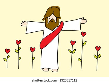 Jesus Christ With Love Flower, Cartoon Christian vector