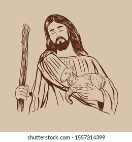 Jesus Christ, Messiah, shepherd holding a lamb in his hands, hand drawn vector illustration sketch