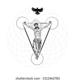 Jesus Christ modern interpretation of crucifixion with bird fly over his head. Symbol of saint with holy spirit. Crucifix drawing. Art tattoo reference. Religion pride and glory. Good Friday Vector.