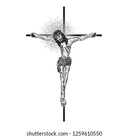 Jesus Christ on the cross with Rays of halo light and beams, symbol of saint. Crucifix drawing. Art tattoo reference template. Religion pride and glory. Good Friday Vector.