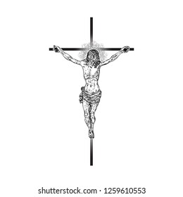 Jesus Christ on the cross with Rays of halo light and beams, symbol of saint. Crucifix drawing. Art tattoo reference template. Religion pride and glory. Good Friday Vector.