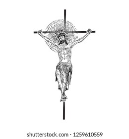Jesus Christ on the cross with Rays of halo light and beams, symbol of saint. Crucifix drawing. Art tattoo reference template. Religion pride and glory. Good Friday Vector.