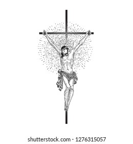 Jesus Christ on the cross with Rays of halo light and beams, symbol of saint. Crucifix drawing. Art tattoo reference template. Religion pride and glory. Good Friday Vector.