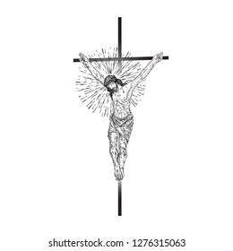 Jesus Christ on the cross with Rays of halo light and beams, symbol of saint. Crucifix drawing. Art tattoo reference template. Religion pride and glory. Good Friday Vector.