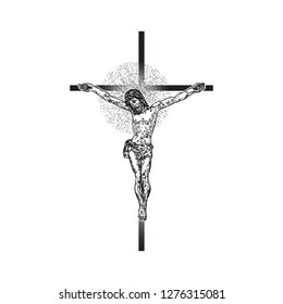 Jesus Christ on the cross with Rays of halo light and beams, symbol of saint. Crucifix drawing. Art tattoo reference template. Religion pride and glory. Good Friday Vector.