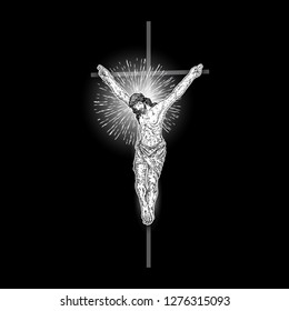 Jesus Christ on the cross with Rays of halo light and beams, symbol of saint. Crucifix drawing. Art tattoo reference template on black background. Religion pride and glory. Good Friday Vector.