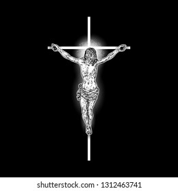 Jesus Christ on the cross with Rays of halo light and beams, symbol of saint. Crucifix drawing. Art tattoo reference template on black background. Religion pride and glory. Good Friday Vector.