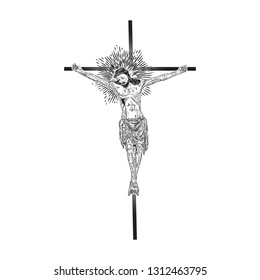 Jesus Christ on the cross with Rays of halo light and beams, symbol of saint. Crucifix drawing. Art tattoo reference template. Religion pride and glory. Good Friday Vector.