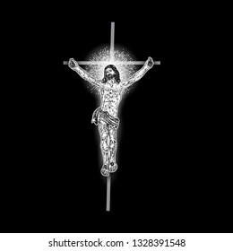 Jesus Christ on the cross with Rays of halo light and beams, symbol of saint. Crucifix drawing. Art tattoo reference template on black background. Religion pride and glory. Good Friday Vector.