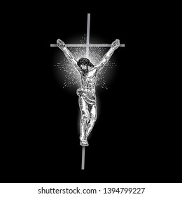 Jesus Christ on the cross with Rays of halo light and beams, symbol of saint. Crucifix drawing. Art tattoo reference template on black background. Religion pride and glory. Good Friday Vector.