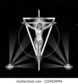 Jesus Christ on triangle tattoo. Symbol of Christianity prayer and religion. Mystical alien UFO with seeing eye rays. Concept spiritual and sacred magic secrets. Prophet in star space. Vector.