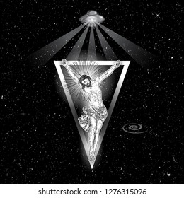 Jesus Christ on triangle tattoo. Symbol of Christianity prayer and religion. Mystical alien UFO with seeing eye rays. Concept spiritual and sacred magic secrets. Prophet in star space. Vector.