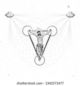 Jesus Christ on triangle tattoo. Symbol of Christianity prayer and religion. Mystical alien UFO with seeing eye rays. Concept spiritual and sacred magic secrets. Prophet in star space. Vector.