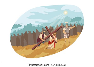 Jesus Christ on way of cross, Bible concept. Son of god in crown of thorns is carrying cross to Golgotha. Simon of Cyrene helps Messiah to bear cross. Illustration of passion in cartoon style.