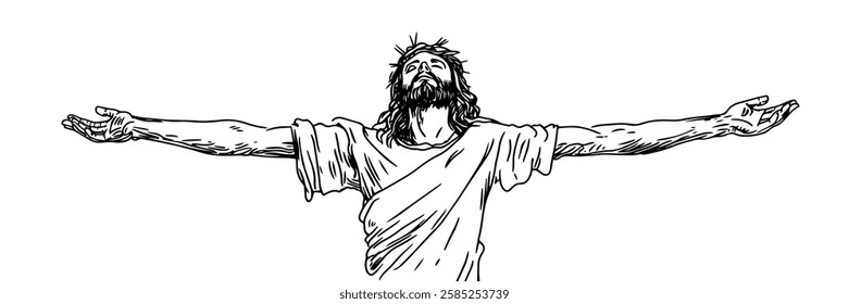 jesus christ with open arms symbol of resurrection vector doodle black sketch illustration