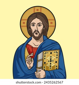 Jesus Christ Pantocrator style Greek Byzantine Icon Colored Vector Illustration