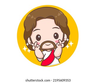 Jesus Christ peace hand sign cartoon character. Cute mascot illustration. Isolated white background. Biblical story Religion and faith.