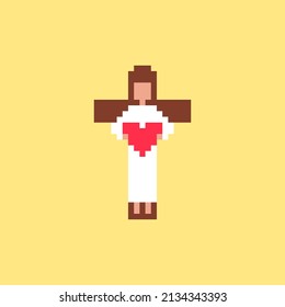 Jesus Christ in pixel art. Vector illustration. sacred heart. cross. God. Religion