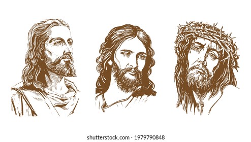 Jesucristo, conjunto de retratos gráficos. Dibujo manual. Vector