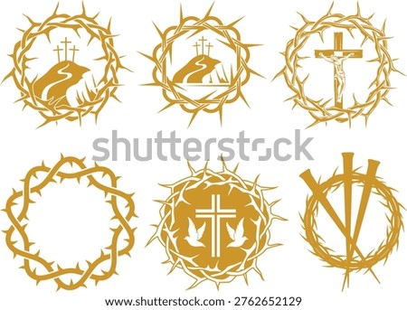 Jesus Christ portrait icon set with crown of thorns and Christian symbols including cross and crucifix on white background, ideal for religious and spiritual designs.