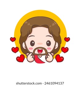 Jesus christ posing love finger hand sign cartoon character. Christian religion concept design. Hand drawn Chibi character clip art sticker Isolated white background. Vector art illustration