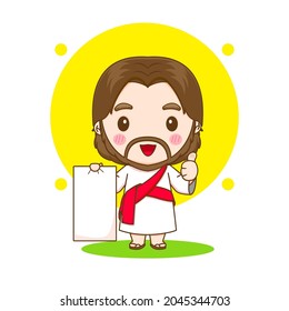 Jesus christ posing thumb up with blank paper chibi cartoon character