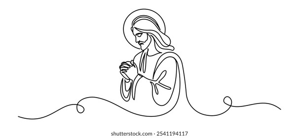 Jesus Christ praying in one continuous line drawing. Christian Symbol for easter and christmas in simple linear style. Editable stroke. Doodle outline vector illustration