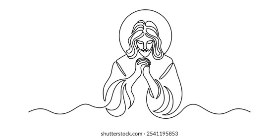 Jesus Christ praying in one continuous line drawing. Christian Symbol for easter and christmas in simple linear style. Editable stroke. Doodle vector illustration