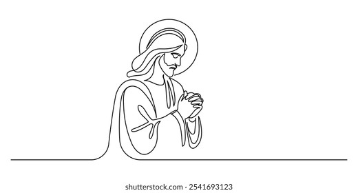 Jesus Christ praying in one continuous line drawing. Christian Symbol for easter and christmas in simple linear style. Editable stroke. Doodle monoline vector illustration