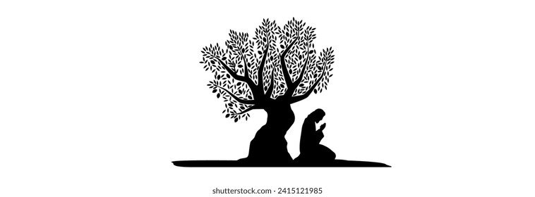 Jesus Christ prays in the Garden of Gethsemane near the olive tree.