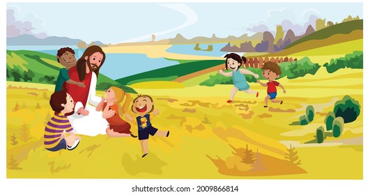 Jesus Christ Preaching Children Outdoor Vector Illustration