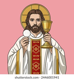 Jesus Christ Priest holding the Host and Chalice Colored Vector Illustration