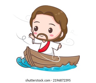 Jesus Christ protecting ship from storm lightning thunder waves cartoon character. Cute mascot illustration. Isolated white background. Biblical story Religion and faith.