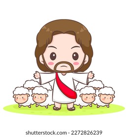 Jesus Christ protects the sheep cartoon character. Cute mascot illustration. Isolated white background. Biblical story Religion and faith.