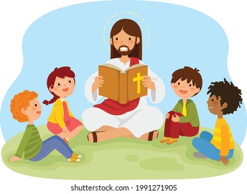 Jesus Christ reading the bible book to kids sitting on the grass.