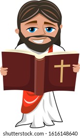 jesus christ reading holy bible book cartoon isolated on white