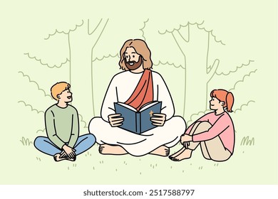 Jesus christ reads bible to little children sitting in park, talking about christian religion. Concept of christian education for pre-teen kids, and study of gospel and sacred commandments