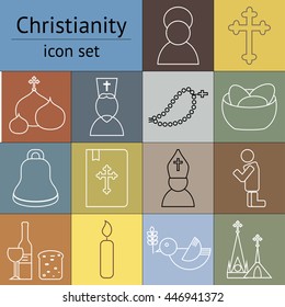 Jesus Christ religion icons set. Colorful christianity pictograms outline style