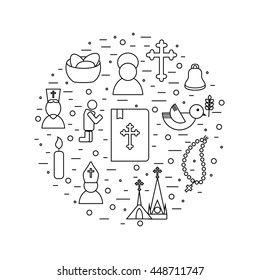 Jesus Christ religion icons set. Christianity pictograms background in round shape