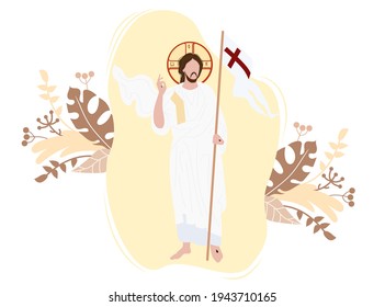 Jesus Christ. Religious big holiday - the Resurrection of Christ icon. He conquered death and was resurrected. Christ stands with the flag of victory on a background with decor. Vector 